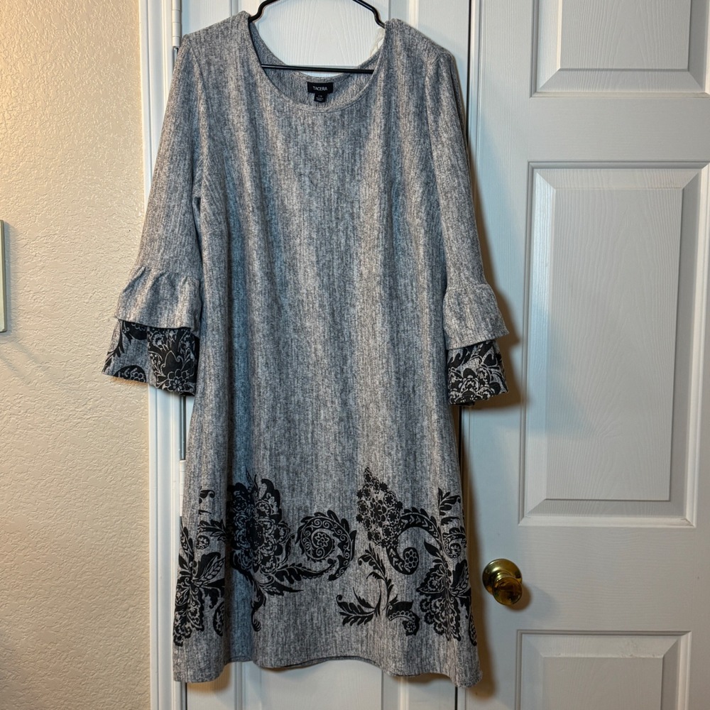 Boho Heathered Gray Chic Shift Dress Ruffle Sleeve Black Velvet Overlay Size 1X